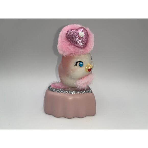 Vintage Pink Ceramic Bird Valentine Day Pink Heart Poofy Hat Fur Princess OOAK - Picture 8 of 16